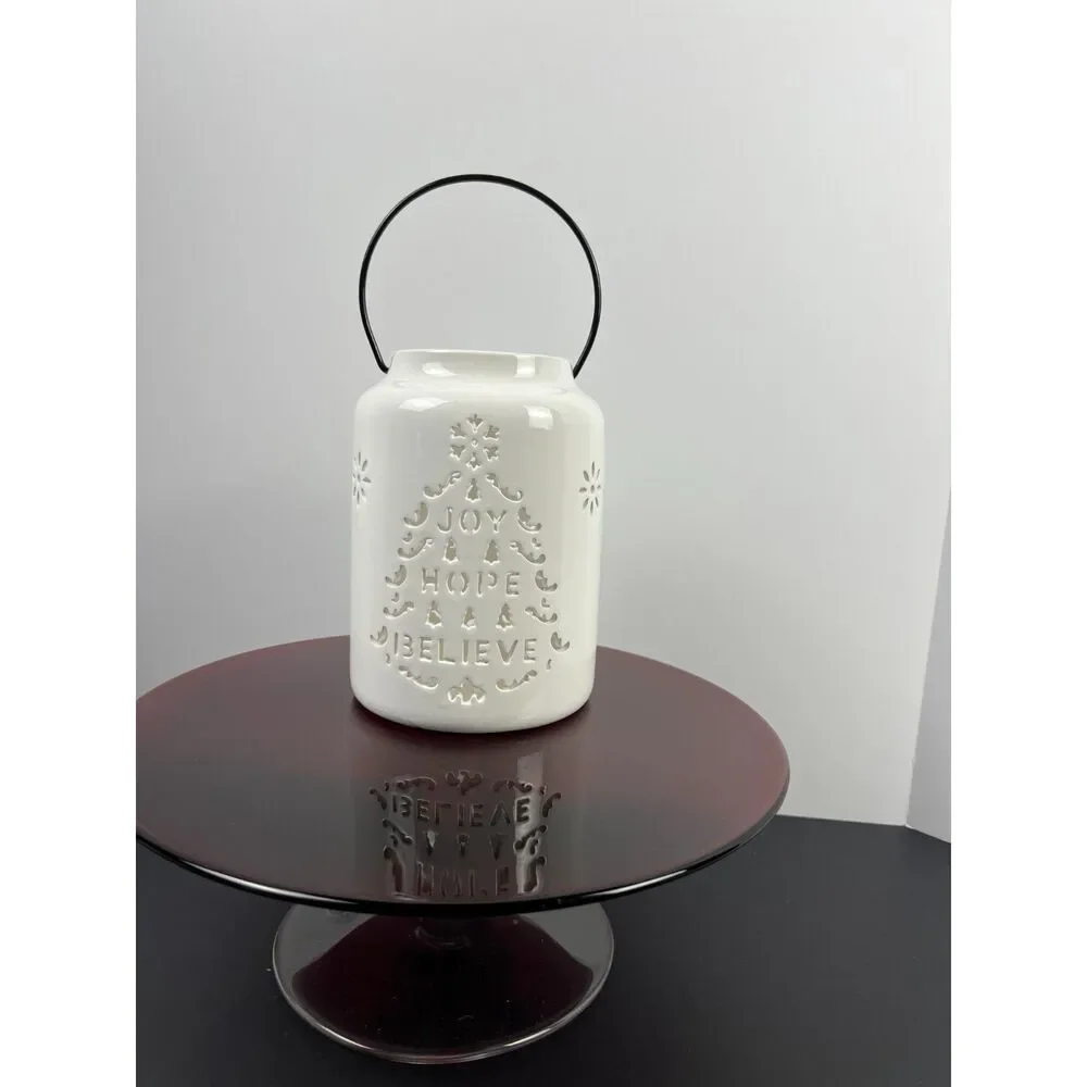 White Ceramic Christmas Lantern Cutout Tree Joy Hope Believe Luminary EUC